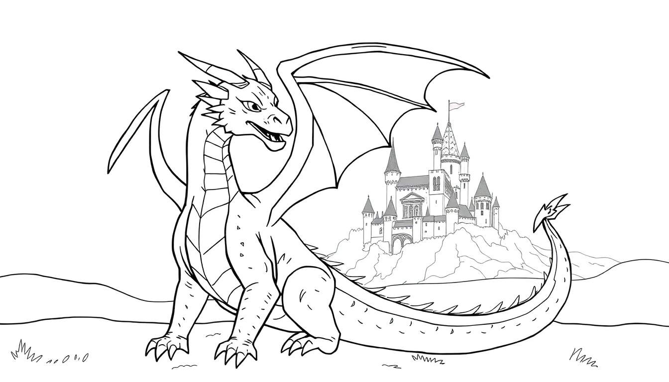 Dessin au trait d'un dragon assis devant un château sur une colline, prêt à être coloré avec un color panel.
