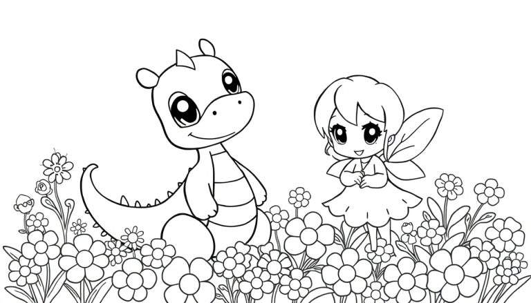 Dessin au trait d'un petit dragon et d'une fée dans un jardin, parfait pour un color panel.