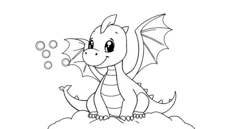 Un adorable dragon mignon sur un nuage avec des bulles, parfait pour un color panel.