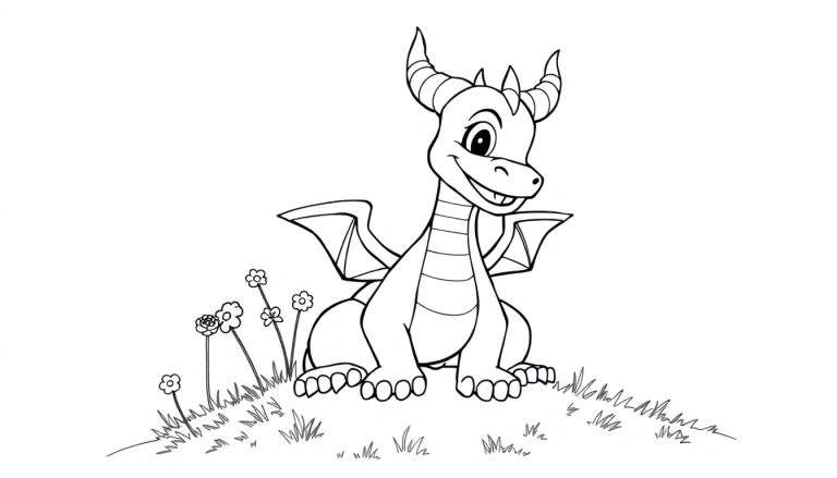 Un adorable dragon de dessin animé en noir et blanc assis sur une colline herbeuse, prêt à être coloré.