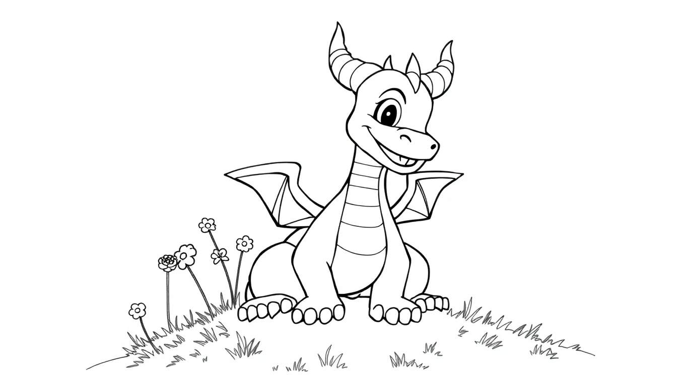 Un adorable dragon de dessin animé en noir et blanc assis sur une colline herbeuse, prêt à être coloré.
