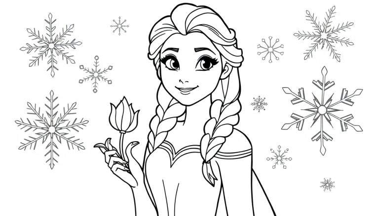 Dessin au trait noir et blanc d'Elsa tenant une fleur de lotus, entourée de flocons de neige.