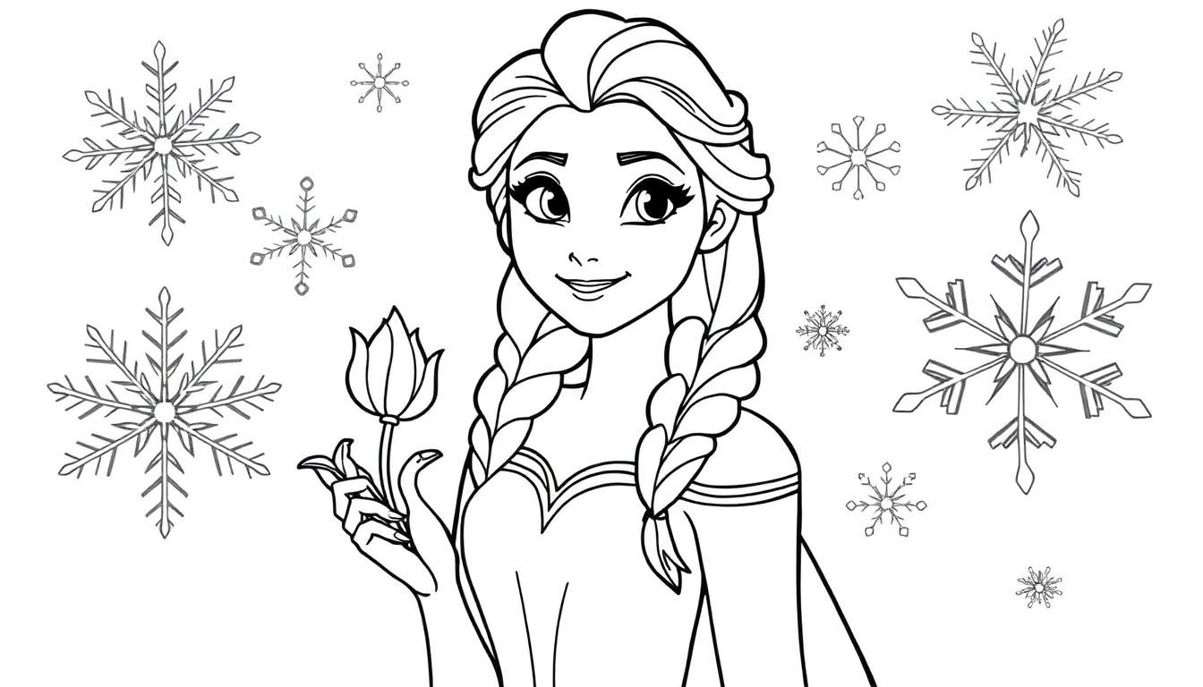 Dessin au trait noir et blanc d'Elsa tenant une fleur de lotus, entourée de flocons de neige.