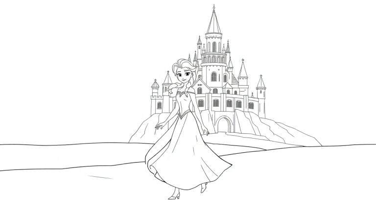 Un dessin au trait d'Elsa marchant devant son château de glace, style livre de coloriage.