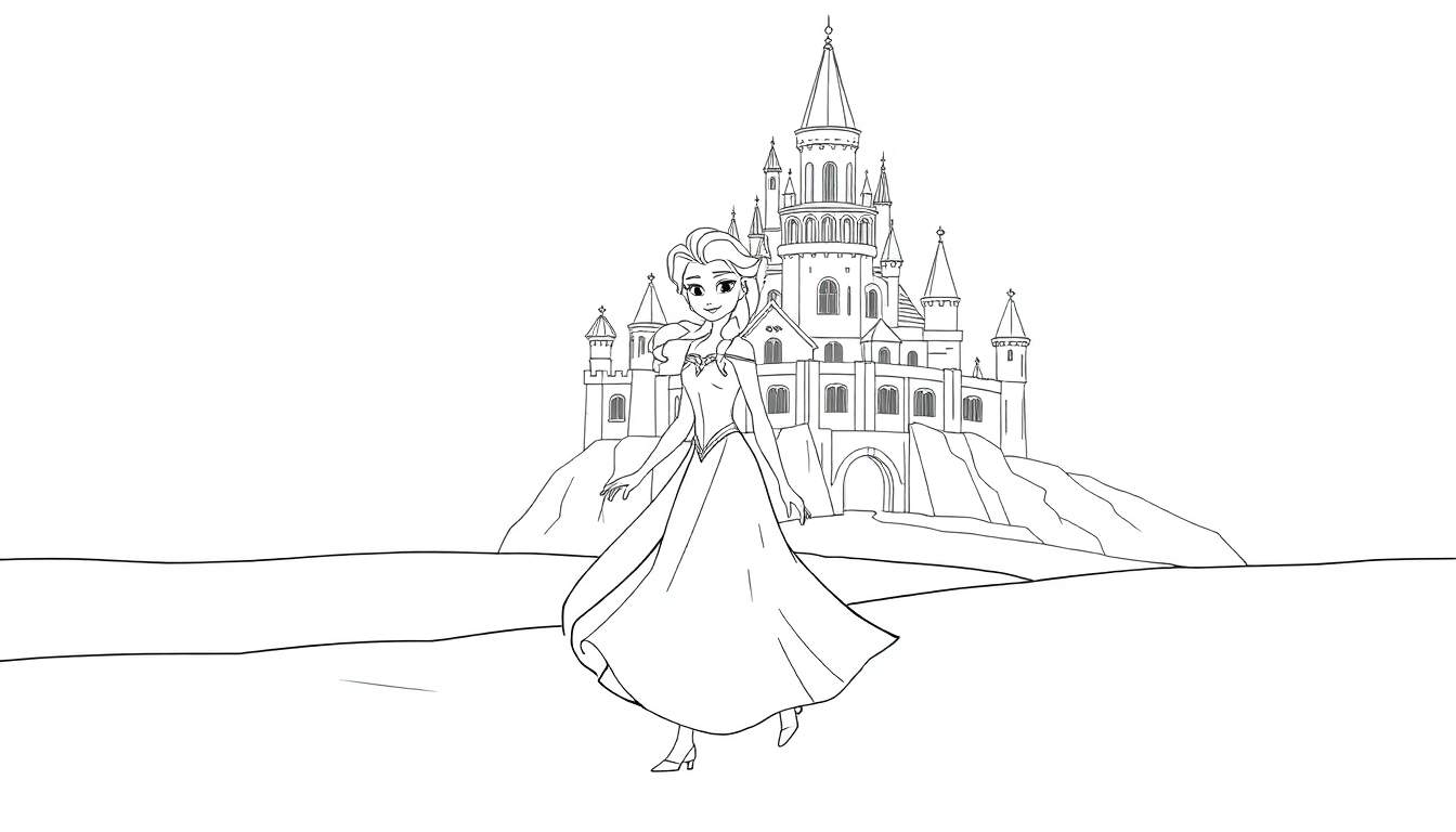 Un dessin au trait d'Elsa marchant devant son château de glace, style livre de coloriage.