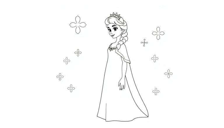 Elsa la Reine des neiges dans un dessin au trait simple, prête pour le coloriage, avec des flocons de neige dans un panneau coloré.