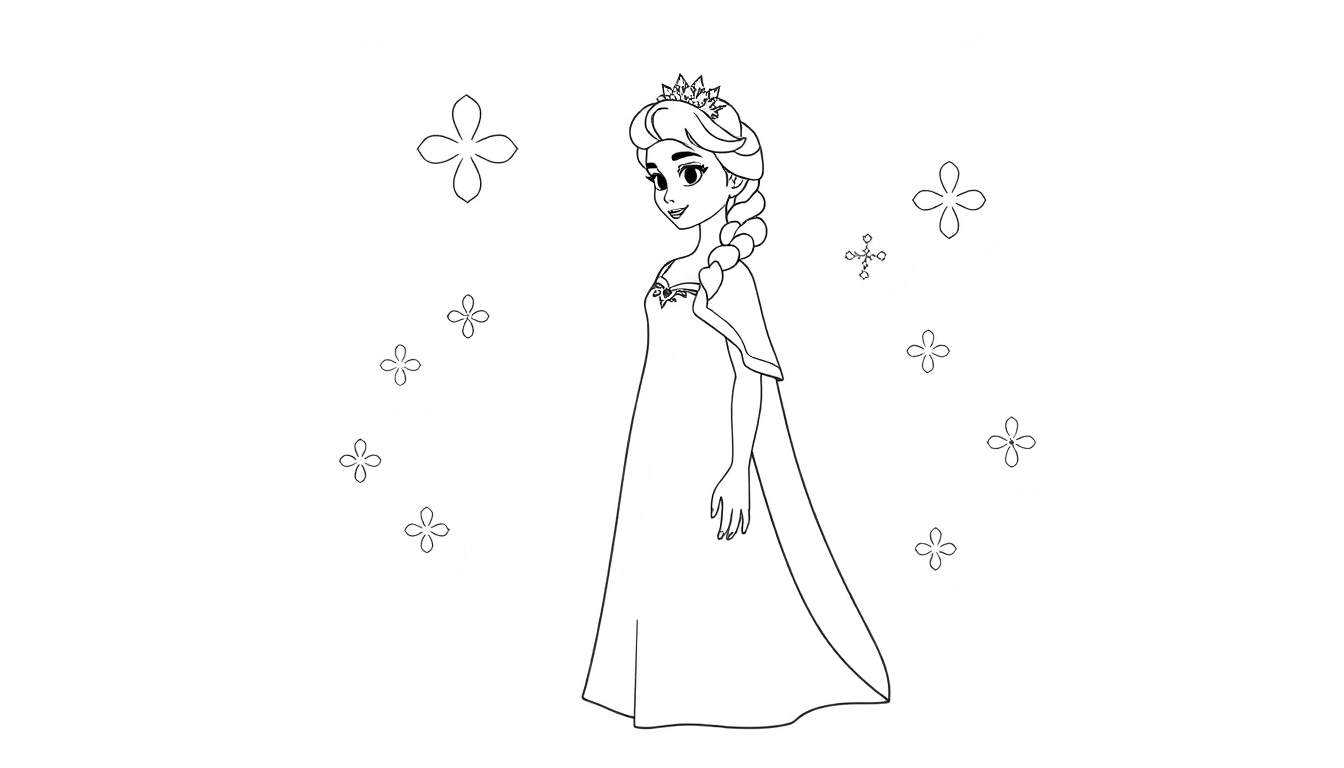 Elsa la Reine des neiges dans un dessin au trait simple, prête pour le coloriage, avec des flocons de neige dans un panneau coloré.