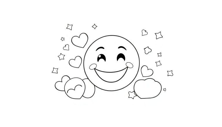 Un emoji souriant avec des cœurs et des étoiles, un panneau coloré.