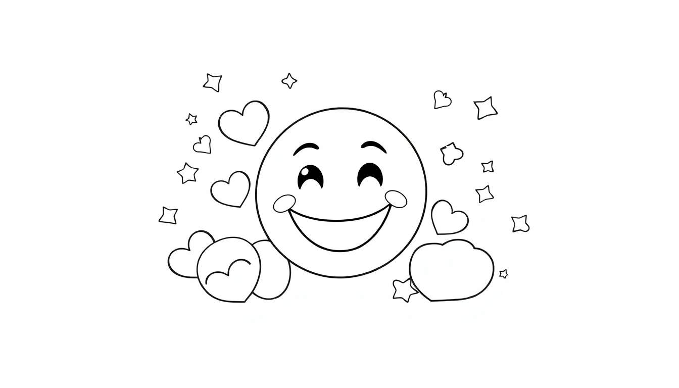 Un emoji souriant avec des cœurs et des étoiles, un panneau coloré.