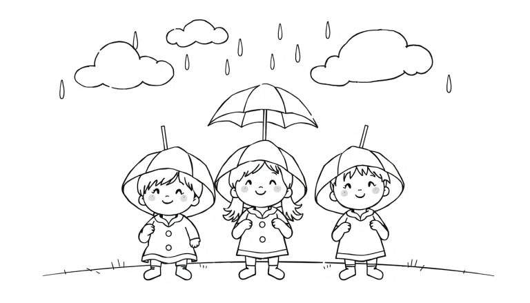 Dessin au trait noir et blanc d'enfants souriants sous la pluie avec des parapluies.