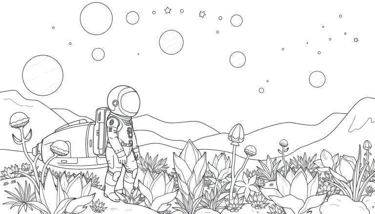 Un astronaute sur une planète extraterrestre avec un vaisseau spatial et des plantes étranges.