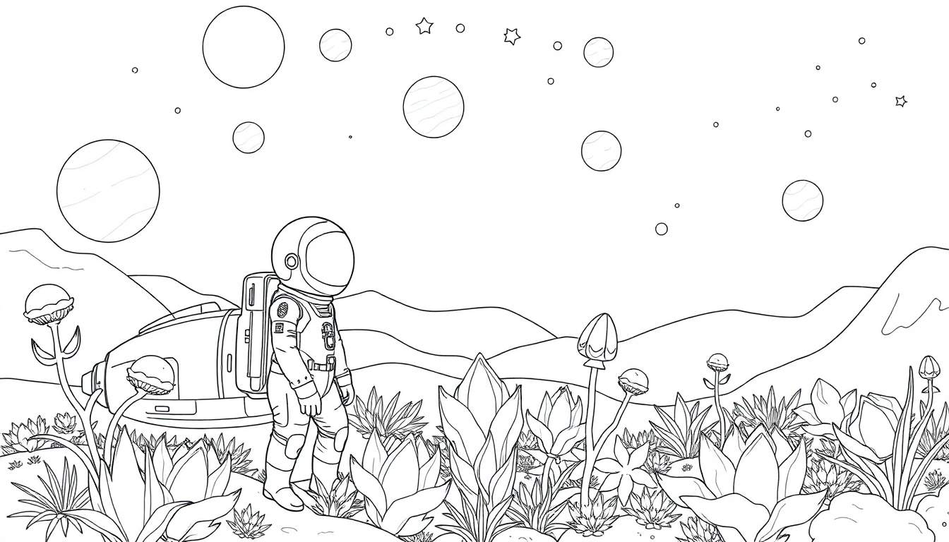 Un astronaute sur une planète extraterrestre avec un vaisseau spatial et des plantes étranges.