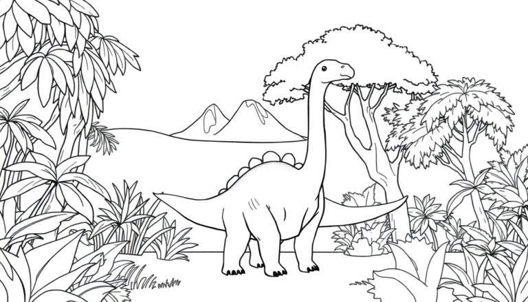 Un dessin au trait d'un dinosaure au long cou dans une forêt jurassique.