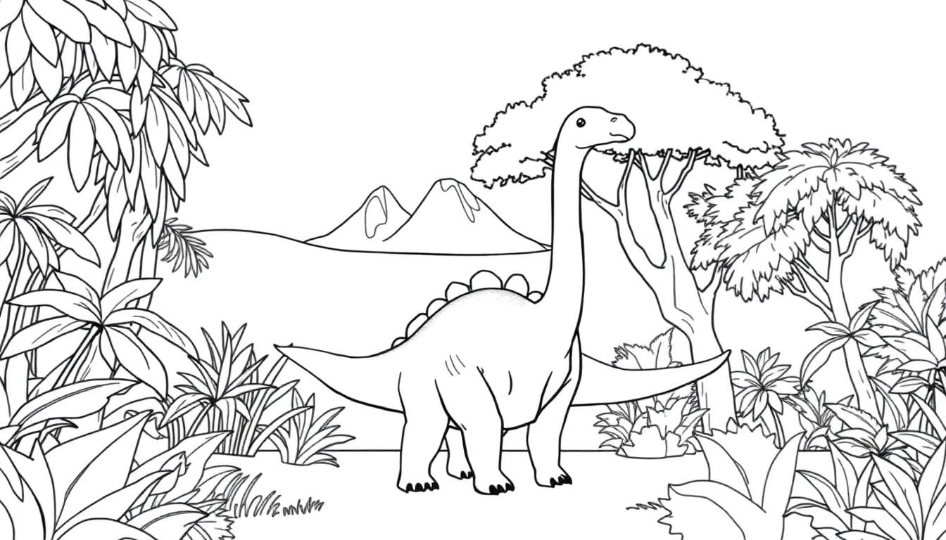 Un dessin au trait d'un dinosaure au long cou dans une forêt jurassique.