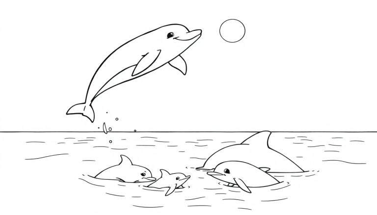 Un dessin au trait d'un dauphin sautant hors de l'eau avec un cercle au-dessus, et quatre autres dauphins dans l'eau, le tout dans un color panel noir et blanc.