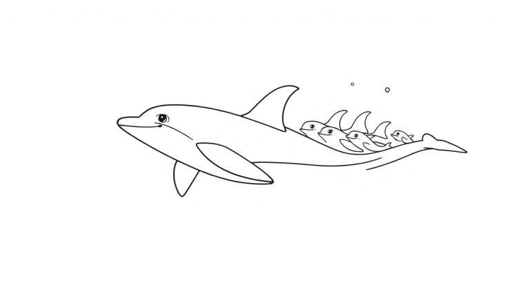 Un dessin au trait d'un dauphin adulte nageant avec quatre petits dauphins sur son dos, avec des bulles.