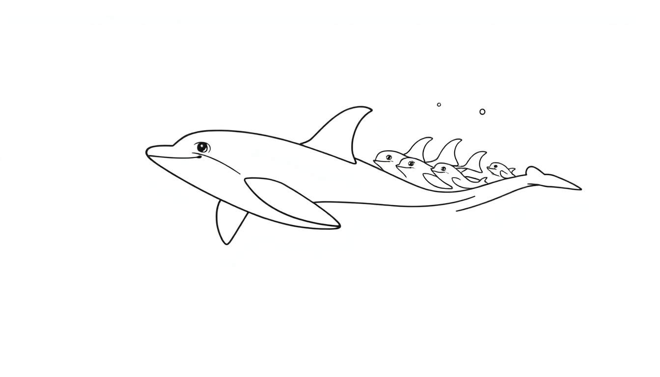 Un dessin au trait d'un dauphin adulte nageant avec quatre petits dauphins sur son dos, avec des bulles.
