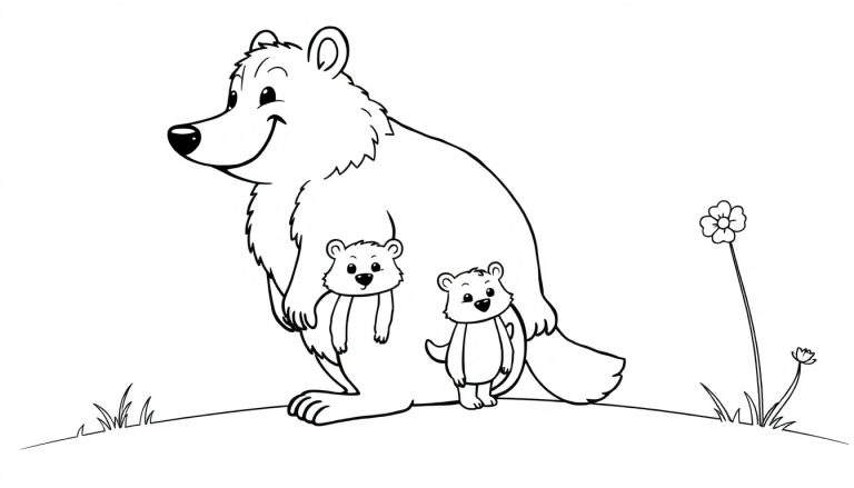 Un dessin au trait d'une famille d'ours sur une colline avec des fleurs, color panel.