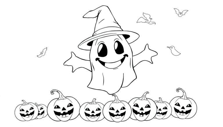 Un fantôme amical avec un chapeau de sorcier au-dessus de citrouilles souriantes dans un color panel.