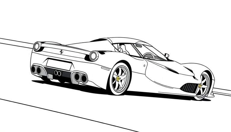 Dessin au trait d'une Ferrari LaFerrari rouge vif, prête à être coloriée. Un super bolide pour le color panel !