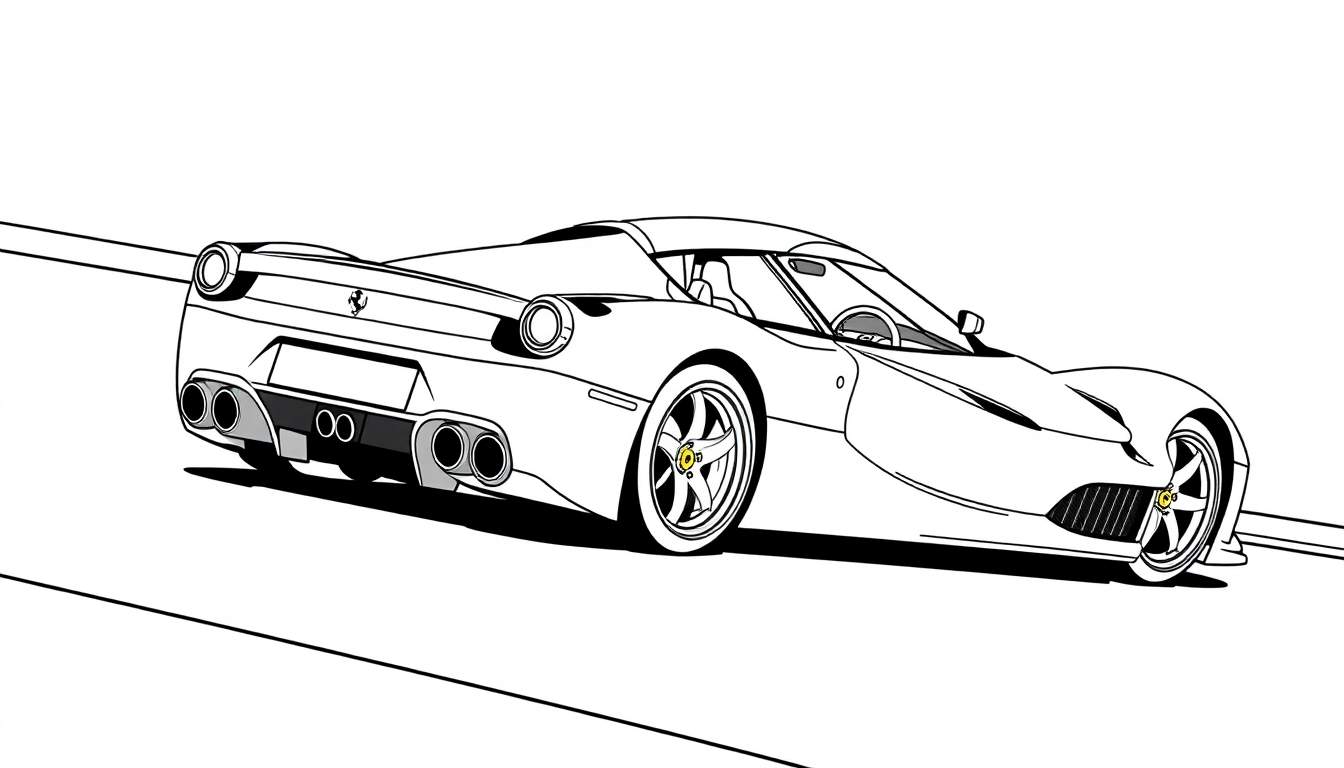 Dessin au trait d'une Ferrari LaFerrari rouge vif, prête à être coloriée. Un super bolide pour le color panel !