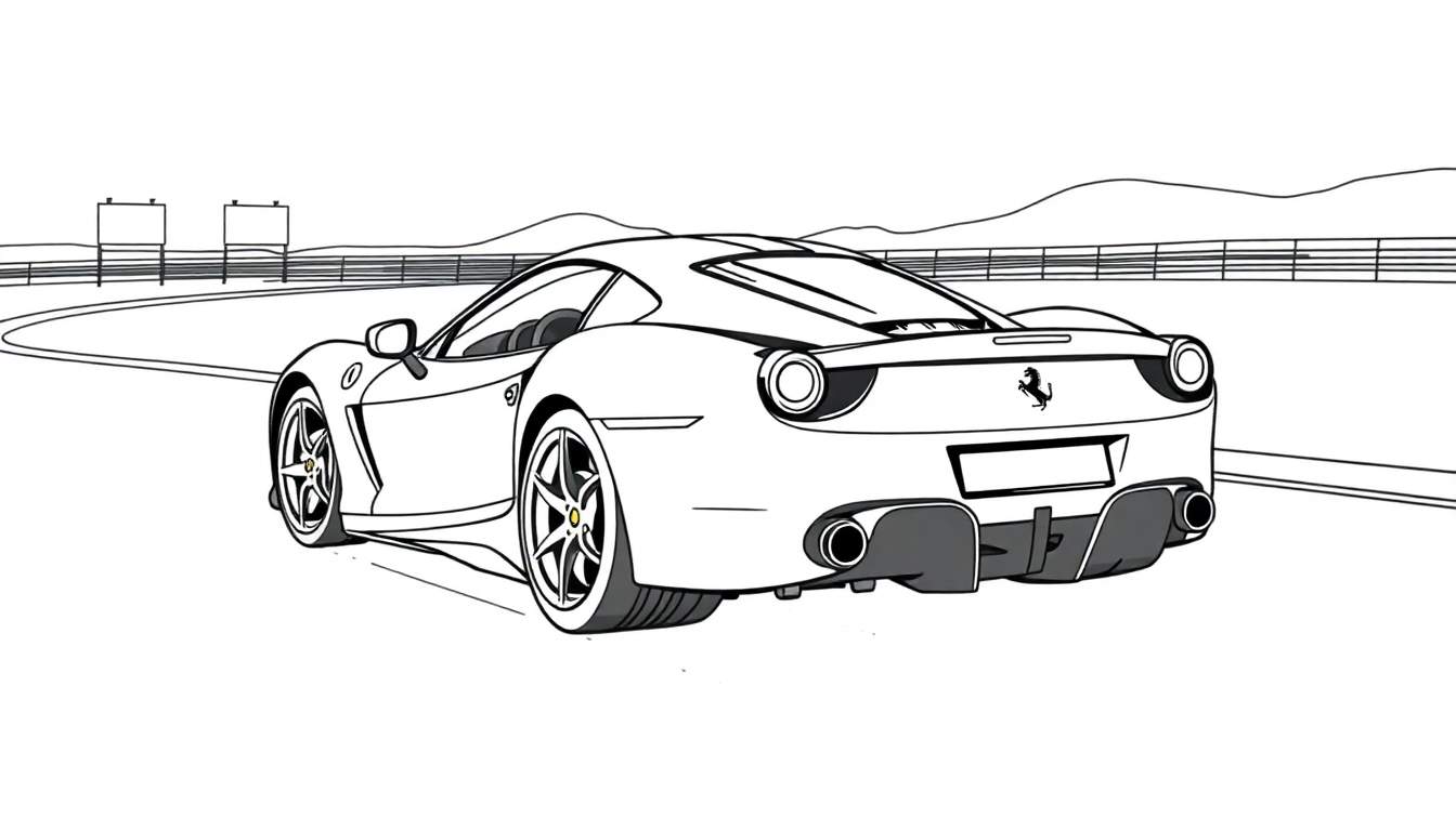 Dessin au trait d'une voiture de course Ferrari rouge, vue de l'arrière sur une piste avec des panneaux publicitaires et des montagnes en arrière-plan.