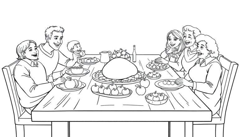 Un dessin au trait d'une famille joyeuse partageant un repas autour d'une table, prêt pour le color panel.