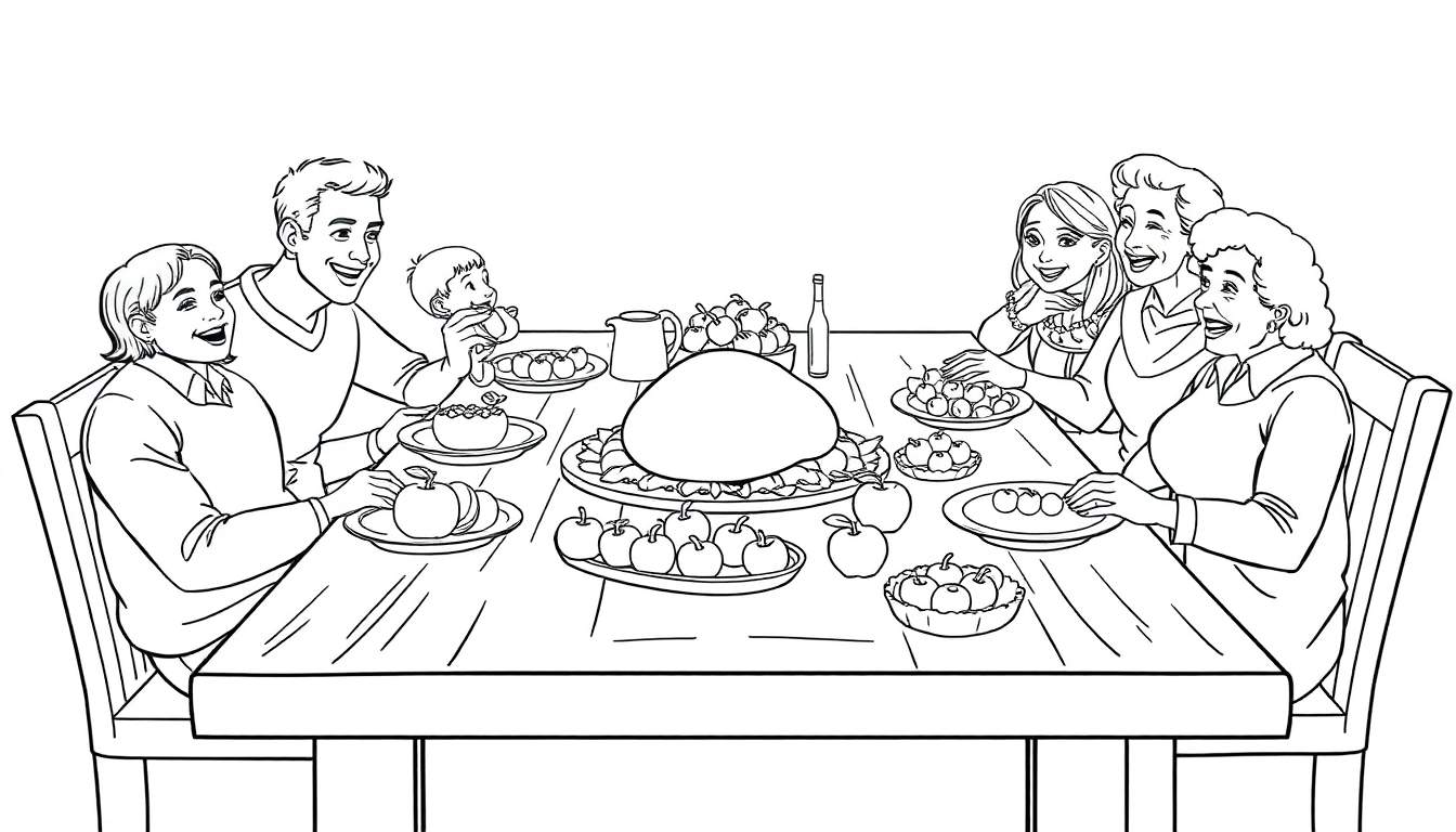 Un dessin au trait d'une famille joyeuse partageant un repas autour d'une table, prêt pour le color panel.