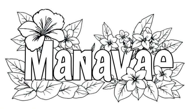 Dessin en noir et blanc du prénom 'Manavae' entouré de fleurs, parfait pour une feuille de coloriage.
