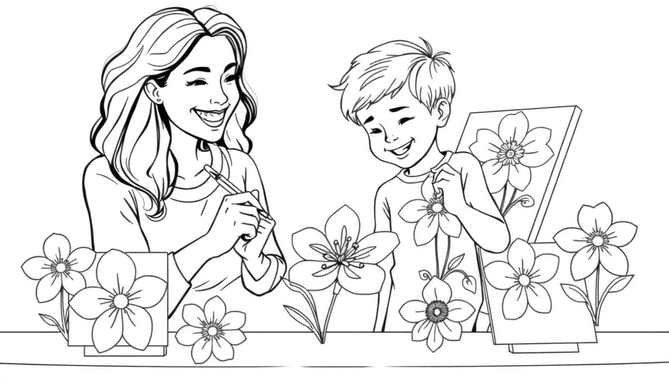 Mère et fils dessinant des fleurs colorées sur un tableau