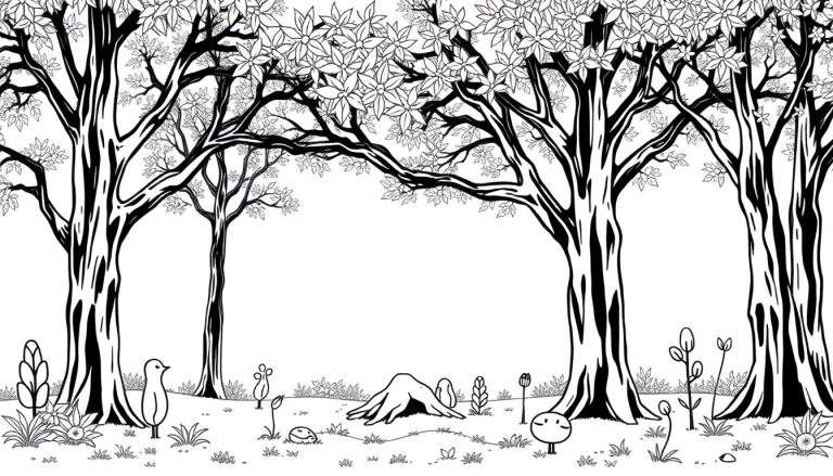Illustration en noir et blanc d'une forêt avec des arbres, une souche, des fleurs et des personnages de style dessin animé.