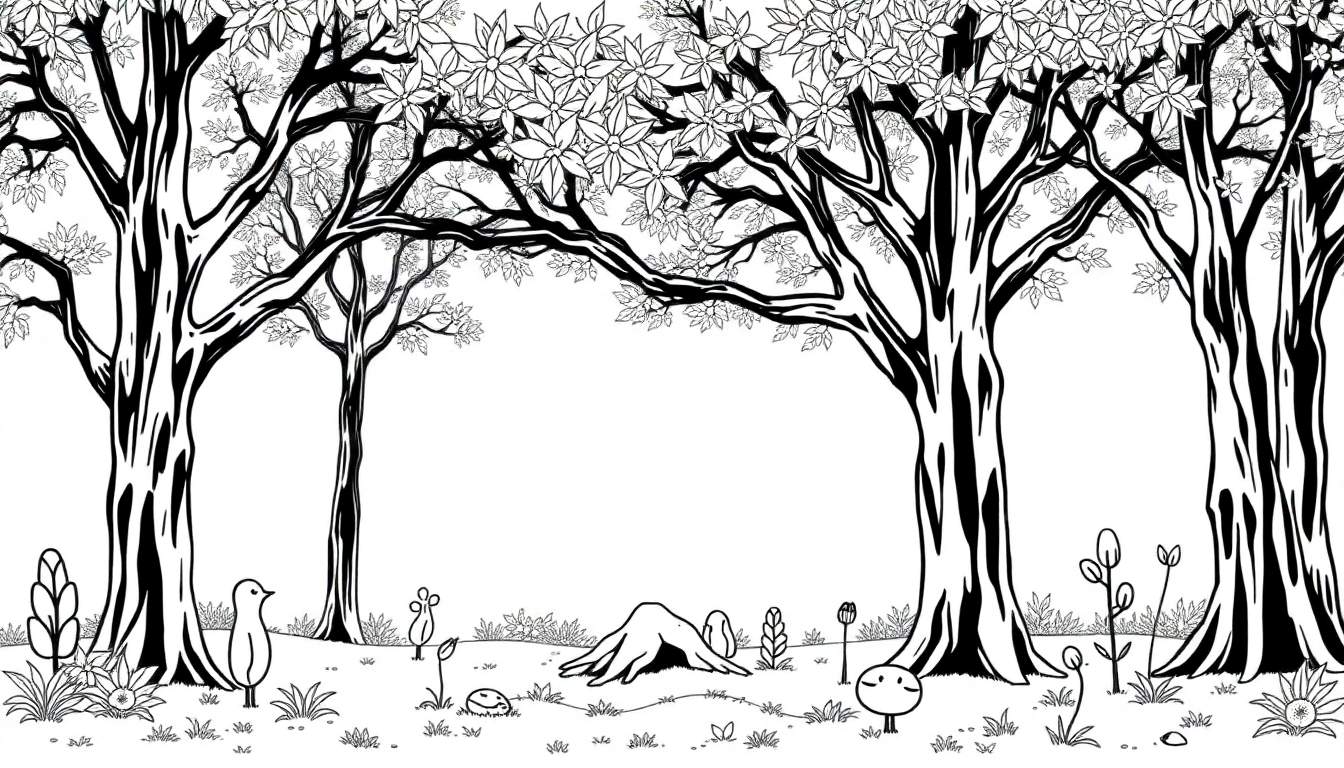 Illustration en noir et blanc d'une forêt avec des arbres, une souche, des fleurs et des personnages de style dessin animé.