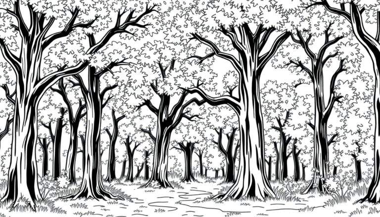Un dessin au trait d'une forêt dense avec un chemin.