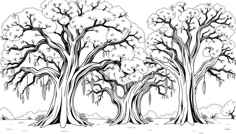 Illustration en noir et blanc d'une forêt d'arbres aux troncs épais et aux branches sinueuses, avec des fruits allongés.