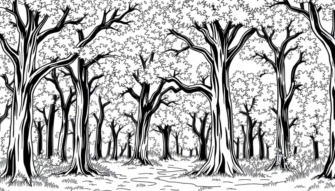 Un dessin au trait d'une forêt dense avec un chemin.
