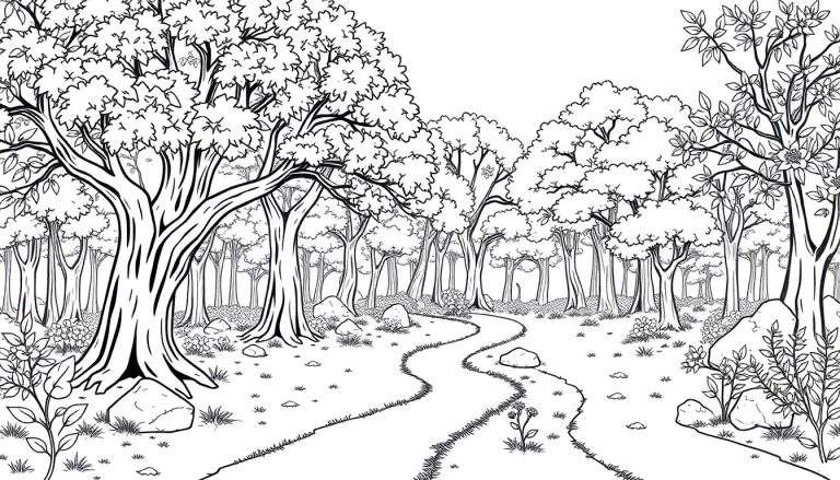 Un chemin de forêt en noir et blanc avec des arbres denses et de l'herbe.