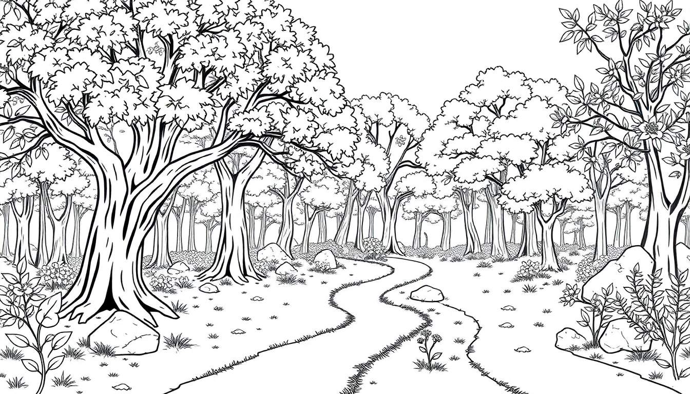 Un chemin de forêt en noir et blanc avec des arbres denses et de l'herbe.