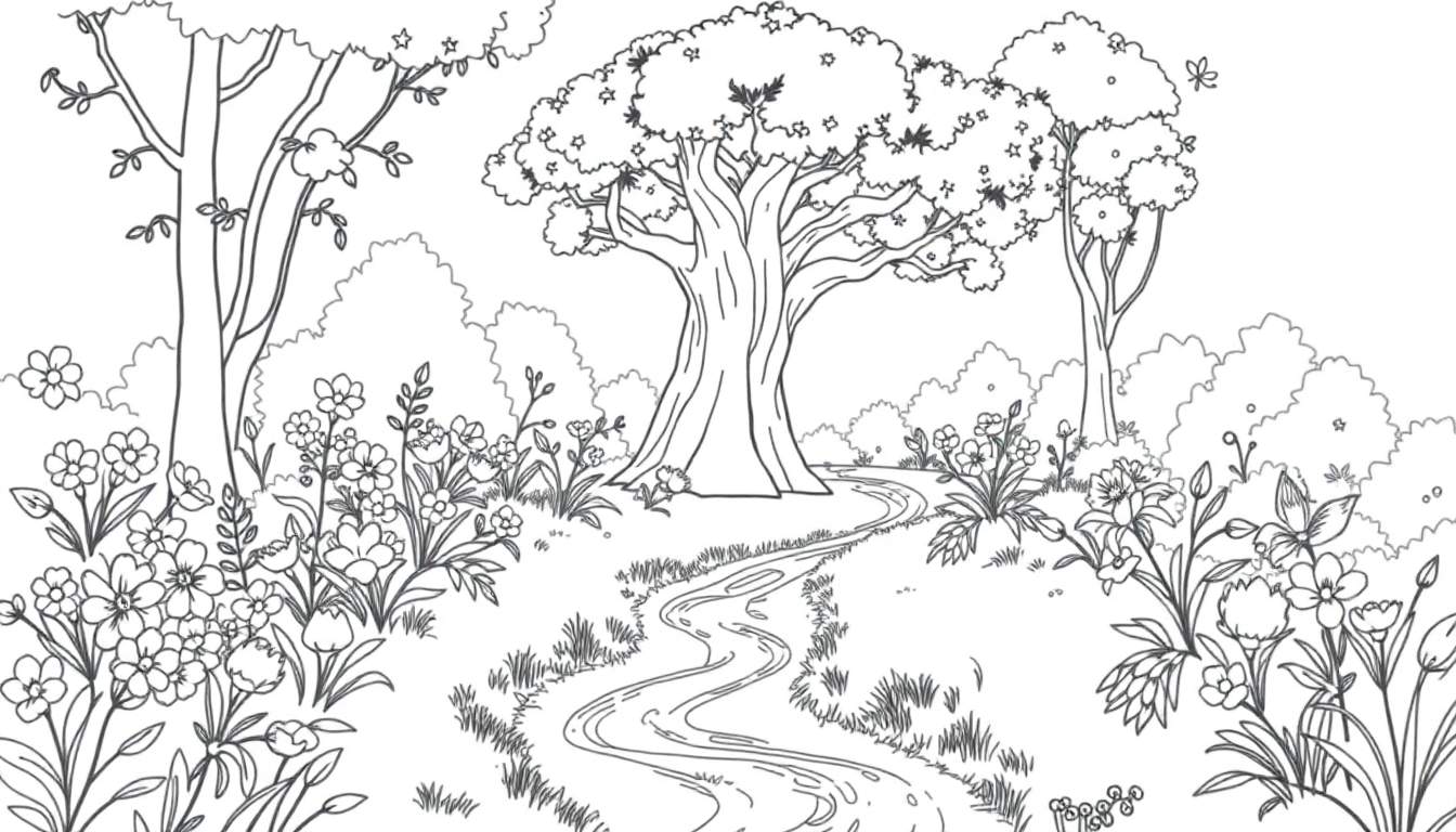 Un dessin au trait d'une forêt avec des fleurs, un ruisseau et un grand arbre, parfait pour un coloriage.