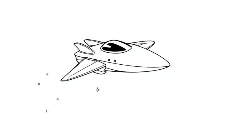 Dessin au trait noir et blanc d'une fusée spatiale stylisée avec des étoiles, un color panel.