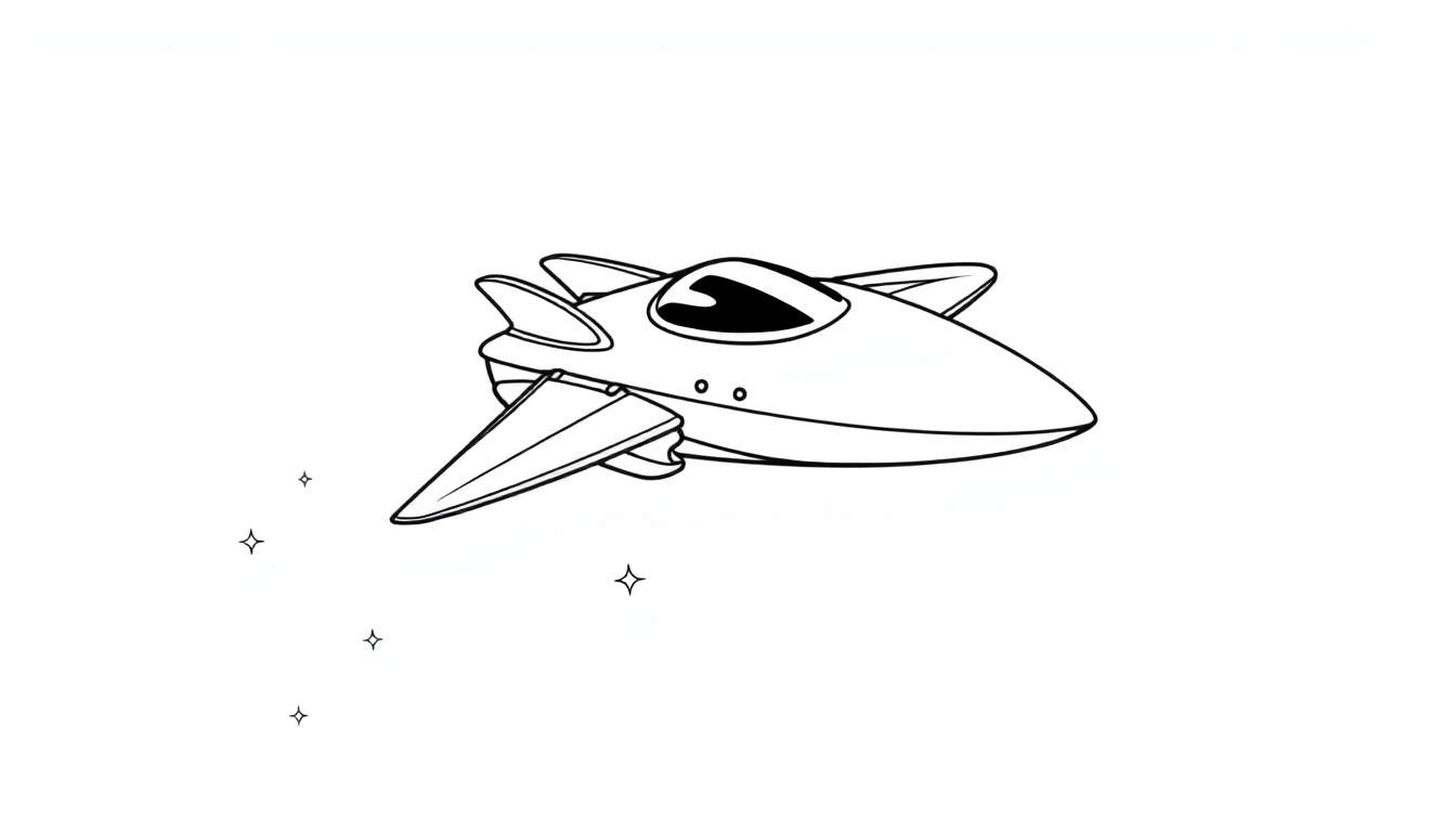 Dessin au trait noir et blanc d'une fusée spatiale stylisée avec des étoiles, un color panel.