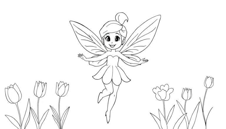 Une fée avec des ailes et une robe joyeuse, volant au-dessus d'un parterre de tulipes, prête pour un color panel.