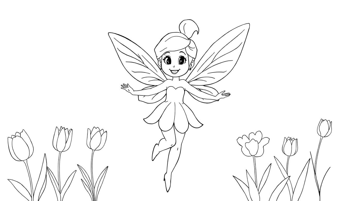 Une fée avec des ailes et une robe joyeuse, volant au-dessus d'un parterre de tulipes, prête pour un color panel.