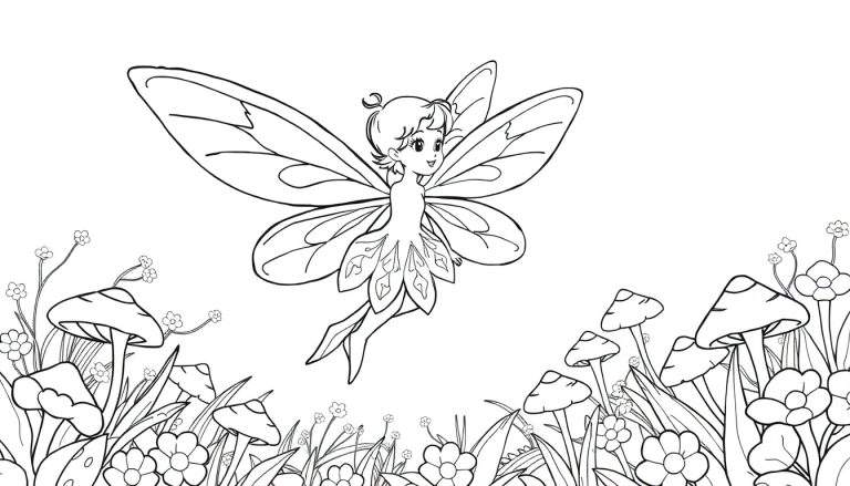 Un dessin au trait d'une fée avec de grandes ailes colorées au-dessus d'un champ de fleurs et de champignons, parfait pour un color panel.