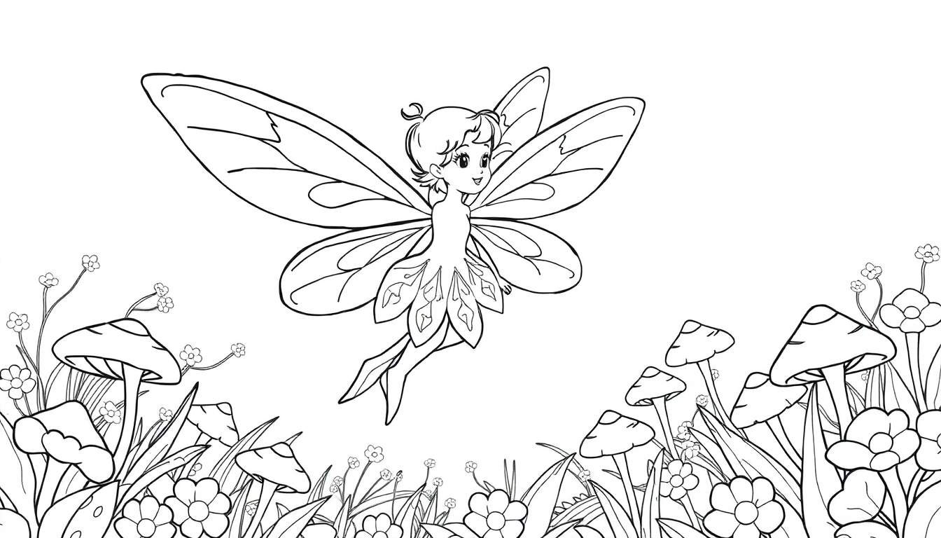 Un dessin au trait d'une fée avec de grandes ailes colorées au-dessus d'un champ de fleurs et de champignons, parfait pour un color panel.