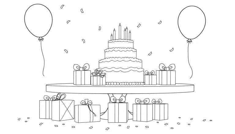Dessin en noir et blanc d'une scène de fête avec un gâteau à étages, des cadeaux et des ballons, prêt pour un color panel.