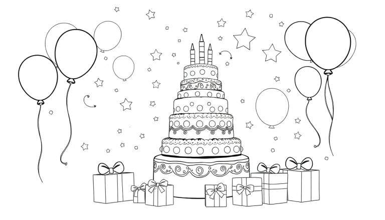 Dessin au trait d'un gâteau d'anniversaire avec des cadeaux et des ballons.