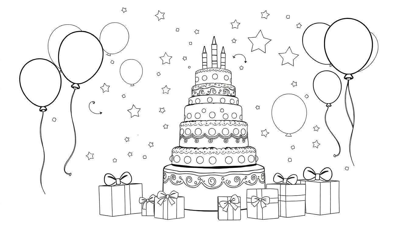 Dessin au trait d'un gâteau d'anniversaire avec des cadeaux et des ballons.