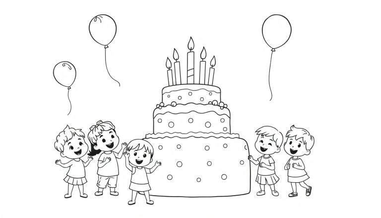 Un color panel de cinq enfants célébrant un gâteau d'anniversaire avec des ballons.