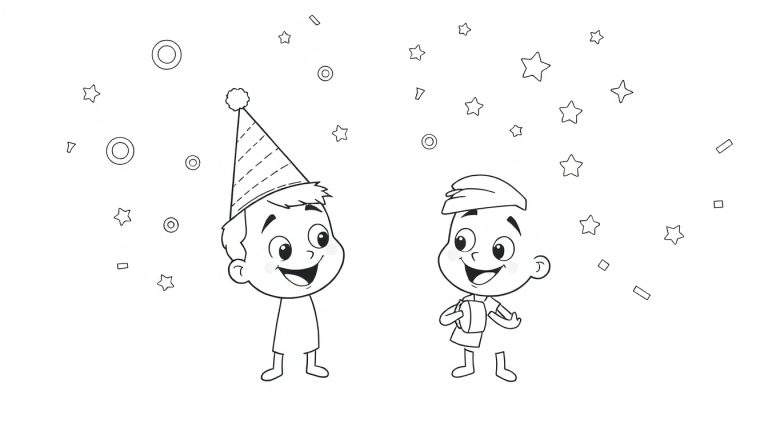 Deux enfants souriants en tenue de fête, entourés d'étoiles et de formes géométriques dans un style dessin animé en noir et blanc, parfait pour un color panel.