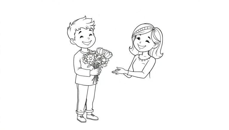 Dessin au trait d'un enfant offrant des fleurs à sa maman pour la fête des mères, avec un grand cœur en arrière-plan. Un color panel pour une page de coloriage.